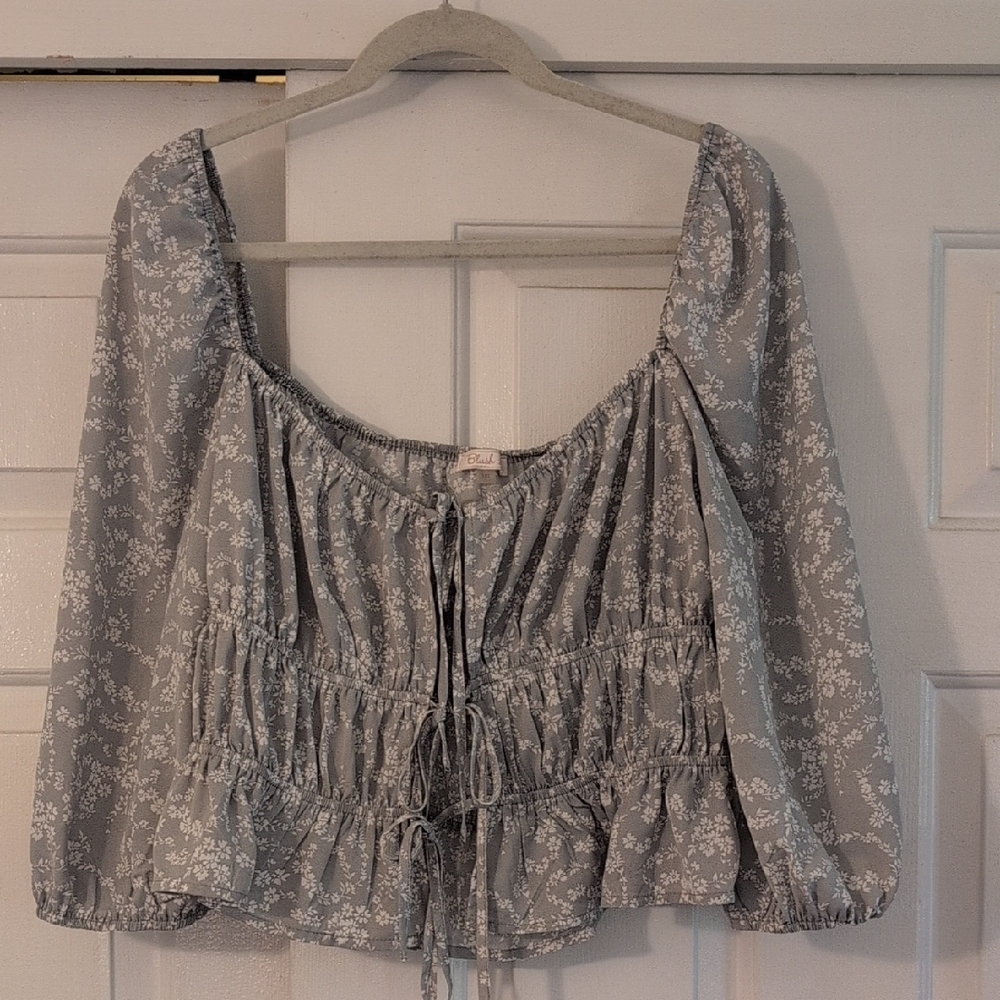 Gray Smocked Blouse with Tie Front and Balloon Sleeves